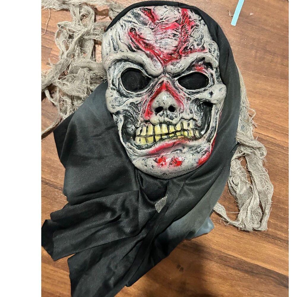 Scary Zombie Skull Halloween Mask – Bloody Undead Face with Black Hood